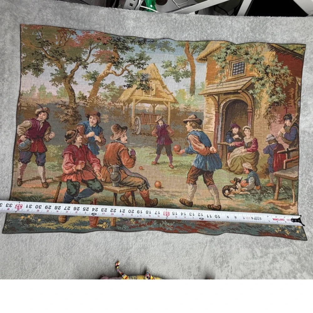 Vintage Woven Wall Tapestry Village Life Lawn Bowls Tavern Scene 32x23 Red Back